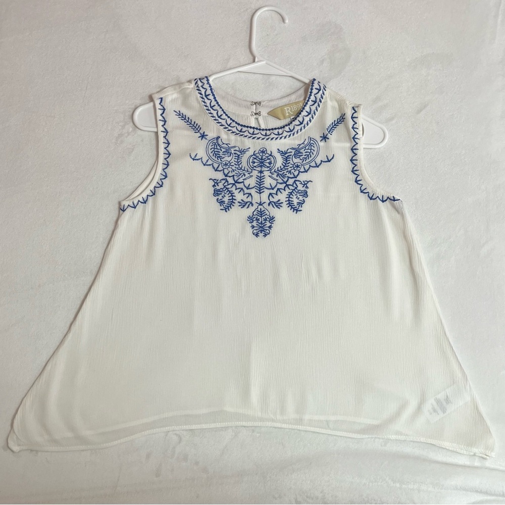 Elegant White Blouse with Blue Embroidery
